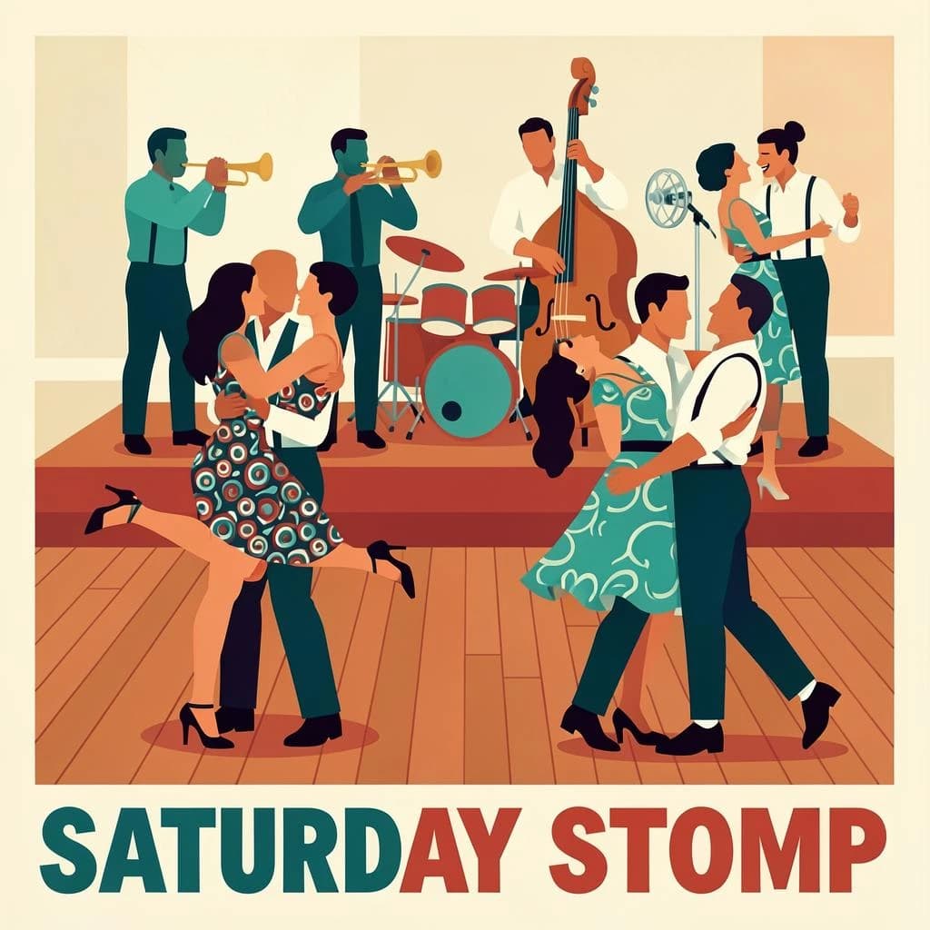 Flat design poster for a swing dance night. Four couples on a wooden floor, each caught in a different move: the front couple in a lift with the follower's feet off the ground, behind them a couple in a side by side kick, a third couple joined by one hand mid spin, and a fourth couple frozen in a dip near the back wall. All followers wear patterned dresses, all leaders wear braces and rolled sleeves. On a low stage behind them, a five piece band: two trumpets, a double bass, a drummer and a singer at a chrome microphone. Bold flat shapes, cream, teal and tomato red. "Saturday Stomp" in chunky letters along the bottom.