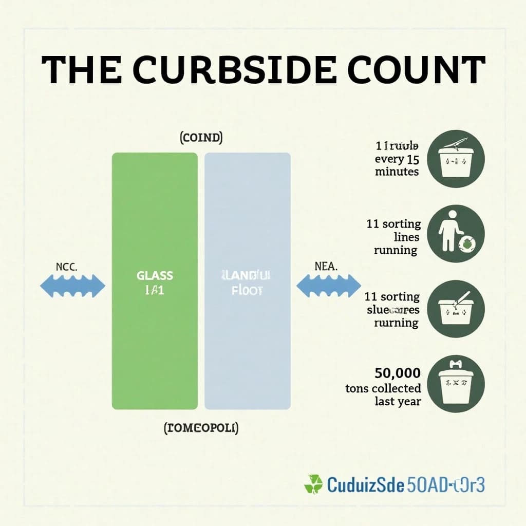 Printed poster titled "The Curbside Count": at the center a flow chart from curb to sorting floor, carrying two keyed regions, "Glass" shaded green and "Landfill" shaded gray, beside a right column of three stat chips reading "1 truck every 15 minutes", "11 sorting lines running" and "35,000 tons collected last year".