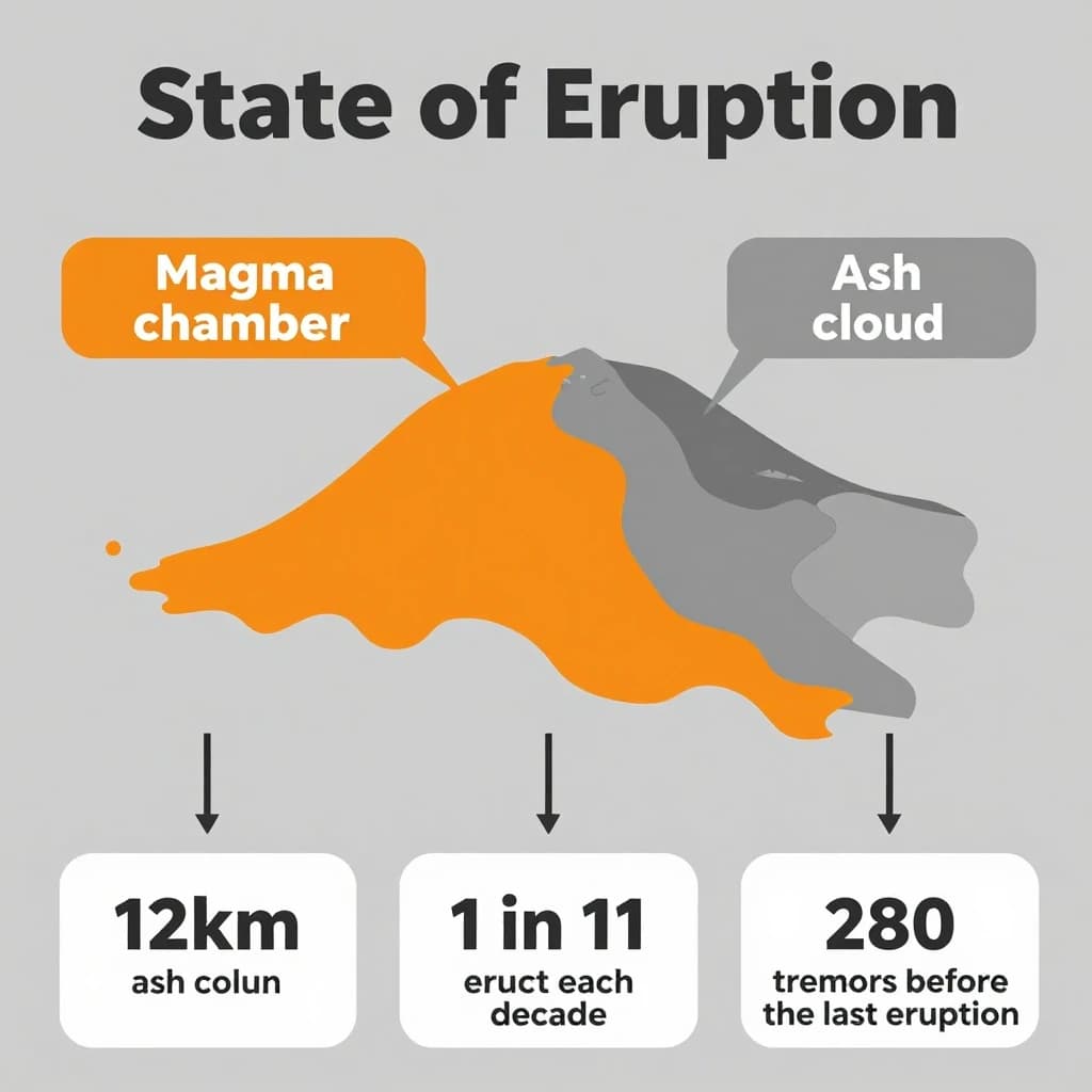 Flat infographic titled "State of Eruption". A simplified hazard map of the slopes sits at the center, carrying two keyed regions, "Magma chamber" shaded orange and "Ash cloud" shaded gray. Three stat chips run down a bottom row, reading "12km ash column", "1 in 11 erupt each decade" and "280 tremors before the last eruption". Each key color matches the shading of the region it names.