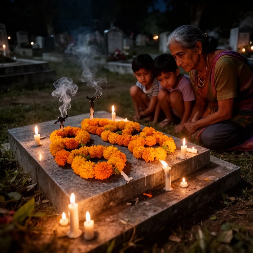 Photojournalism frame from a cemetery vigil at night: one grave slab carrying seven marigold garlands and nine lit candles, three of the candles guttered out and smoking, a grandmother and two children kneeling along the near edge.