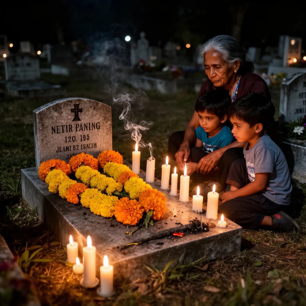 Photojournalism frame from a cemetery vigil at night: one grave slab carrying seven marigold garlands and nine lit candles, three of the candles guttered out and smoking, a grandmother and two children kneeling along the near edge.