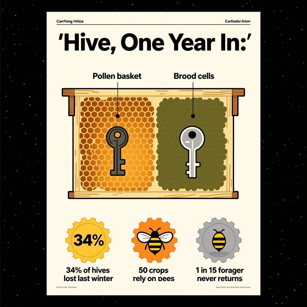 Printed poster titled "Hive, One Year In": at the center a cutaway of a hive frame, carrying two keyed regions, "Pollen basket" shaded amber and "Brood cells" shaded olive, beside a bottom row of three stat chips reading "34% of hives lost last winter", "50 crops rely on bees" and "1 in 15 foragers never returns".