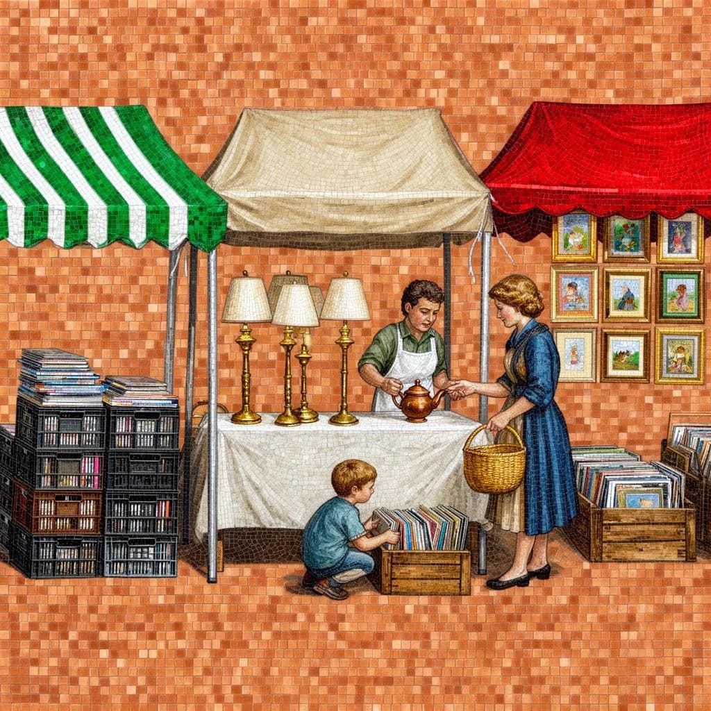Glass tile mosaic of a Sunday flea market seen from a slightly raised angle, small square tesserae and warm terracotta grout. Three stall awnings in a row: the left one striped green and white over stacked vinyl crates, the middle plain canvas over six brass lamps with only the two tallest wearing shades, the right red awning hung with nine framed pictures in three rows of three. Under the middle awning a vendor in an apron hands a teapot across the table to a woman holding a straw basket, while a boy crouches at her feet by a crate of records. No lettering anywhere.