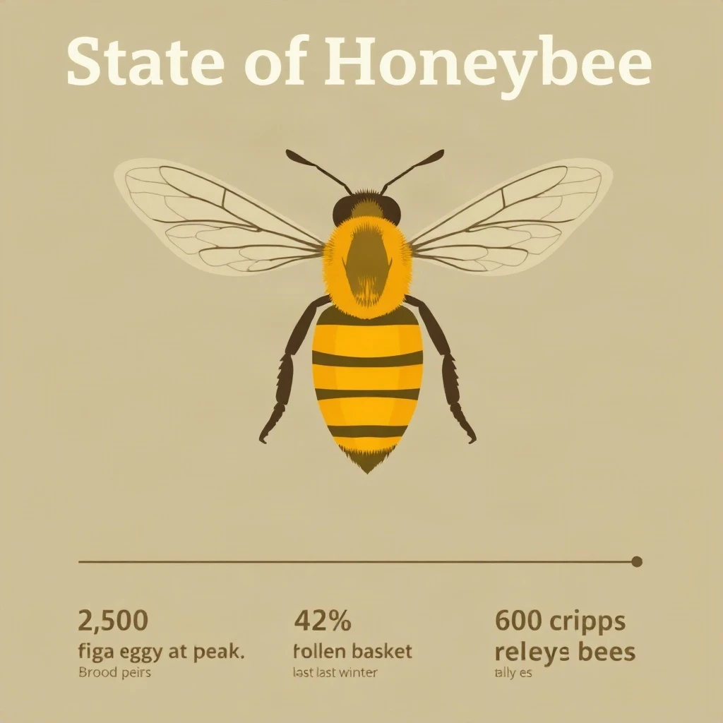 Flat vector illustration titled "State of Honeybee": at the center a labeled bee diagram, carrying three keyed regions, "Wing pair" shaded slate, "Brood cells" shaded olive and "Pollen basket" shaded amber, beside a bottom row of three stat chips reading "2,500 eggs a day at peak", "42% of hives lost last winter" and "60 crops rely on bees".