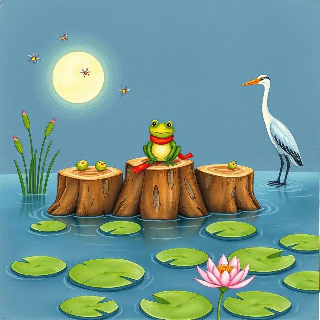 Story card in soft children's book illustration with crayon texture. A moonlit swamp with three cypress stumps in a row across the water. A small green frog in a red scarf sits on the middle stump. Two fireflies circle above his head while four more sit sleeping on the reeds to the left. A heron stands knee deep at the right edge, looking away from the frog. Nine lily pads float across the foreground, only one of them carrying a flower.