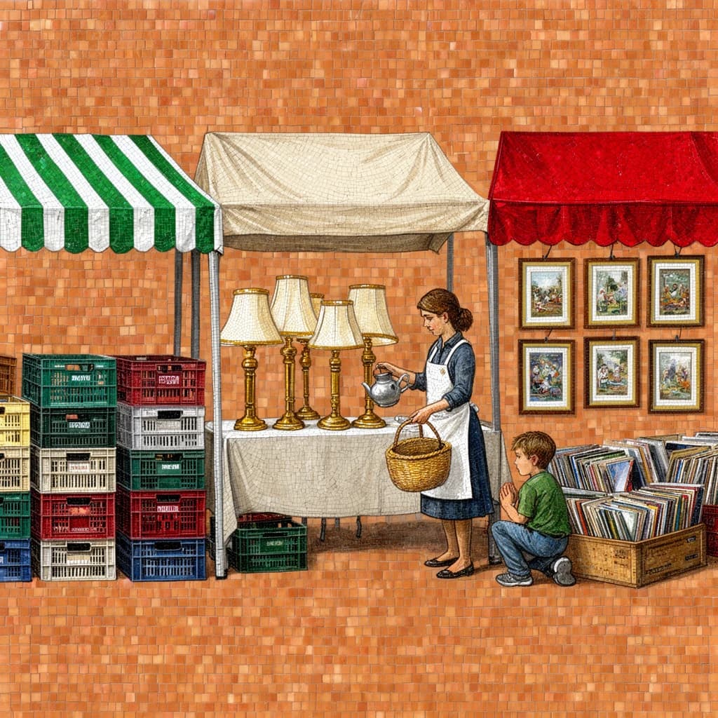 Glass tile mosaic of a Sunday flea market seen from a slightly raised angle, small square tesserae and warm terracotta grout. Three stall awnings in a row: the left one striped green and white over stacked vinyl crates, the middle plain canvas over six brass lamps with only the two tallest wearing shades, the right red awning hung with nine framed pictures in three rows of three. Under the middle awning a vendor in an apron hands a teapot across the table to a woman holding a straw basket, while a boy crouches at her feet by a crate of records. No lettering anywhere.