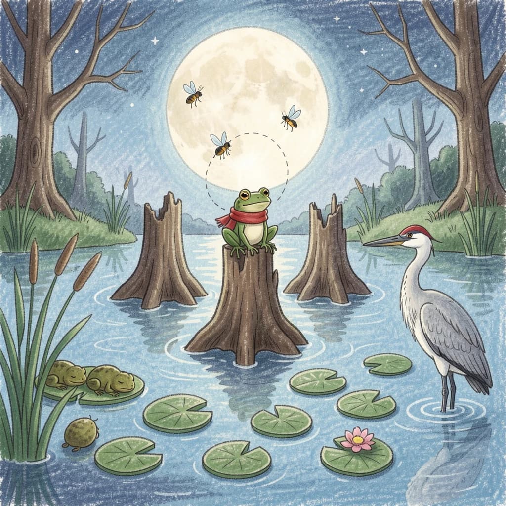 Story card in soft children's book illustration with crayon texture. A moonlit swamp with three cypress stumps in a row across the water. A small green frog in a red scarf sits on the middle stump. Two fireflies circle above his head while four more sit sleeping on the reeds to the left. A heron stands knee deep at the right edge, looking away from the frog. Nine lily pads float across the foreground, only one of them carrying a flower.