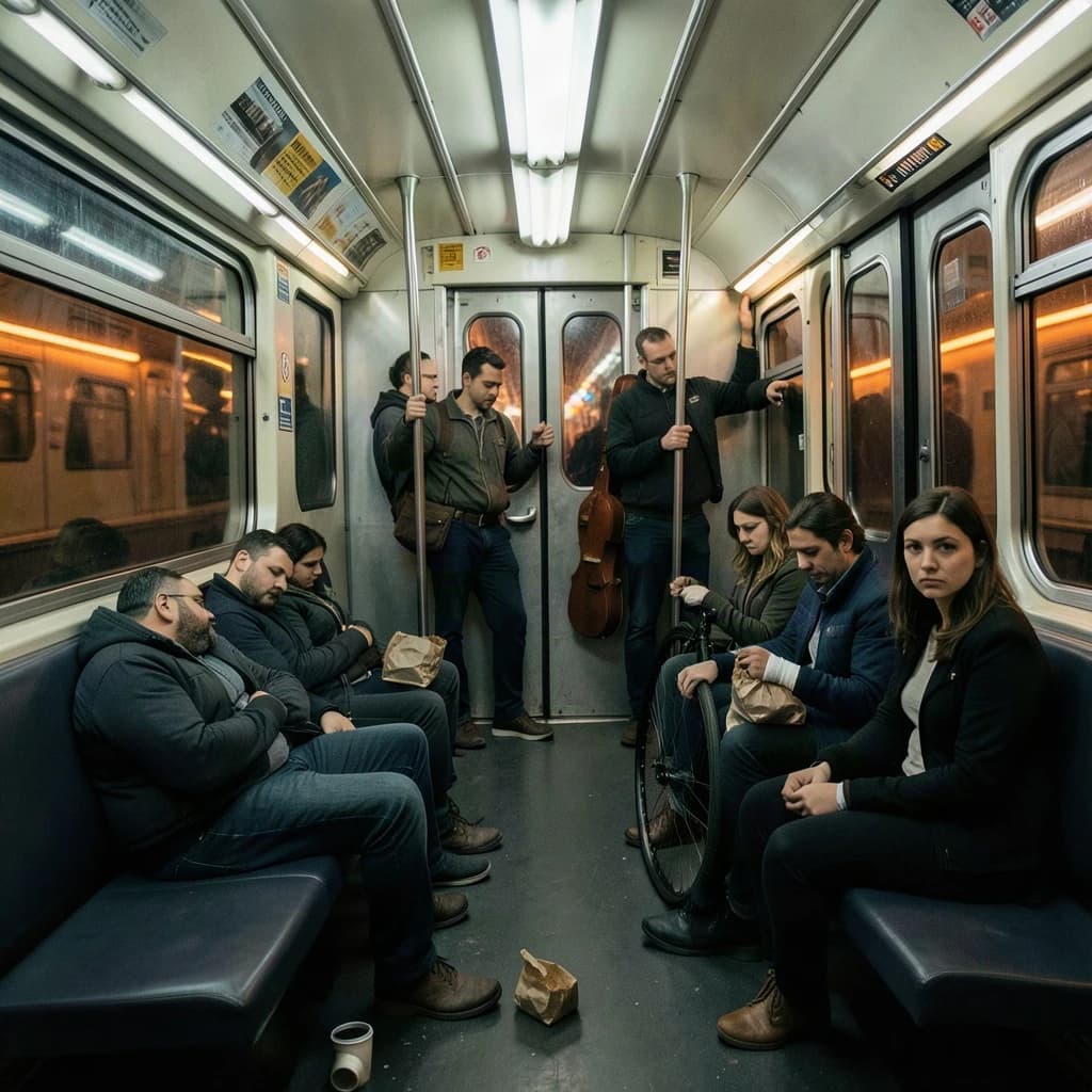 Cinematic photograph inside a late night subway car, handheld, lit only by flickering ceiling strips and orange platform light sliding past the windows. Nine passengers down the car: the three on the left bench all sleep with heads tipped at different angles, the four on the right bench are awake, one folding a paper bag, one holding a bike wheel upright between his knees, one wrapping her own wrist in tape, one staring straight into the lens. Two more stand at the far doors gripping the same pole with a violin case wedged between them. An empty seat beside the nearest sleeper, a coffee cup rolling under it.
