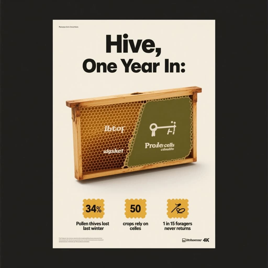 Printed poster titled "Hive, One Year In": at the center a cutaway of a hive frame, carrying two keyed regions, "Pollen basket" shaded amber and "Brood cells" shaded olive, beside a bottom row of three stat chips reading "34% of hives lost last winter", "50 crops rely on bees" and "1 in 15 foragers never returns".