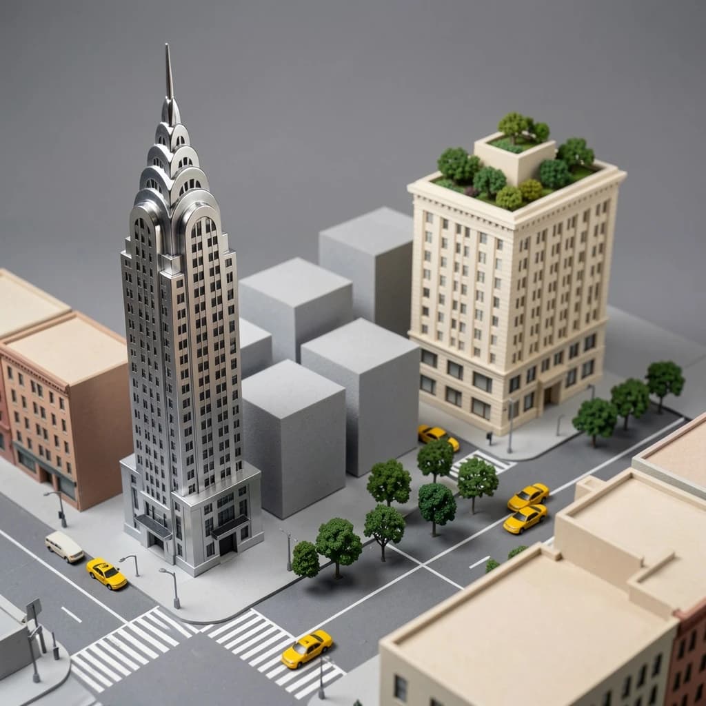 Tilt shift photograph of a hand built architectural scale model of a Midtown Manhattan block, studio lit from the upper left.
The Chrysler Building stands on the corner in polished silver card with its stepped crown and triangular windows. Directly across the street sits a proposed cream limestone tower, two floors shorter, topped by a stepped roof garden. Between them four smaller grey massing blocks in plain foam. Six tiny yellow cabs on the avenue, three stopped at the crossing and three queued behind, with a line of green model trees down the median.