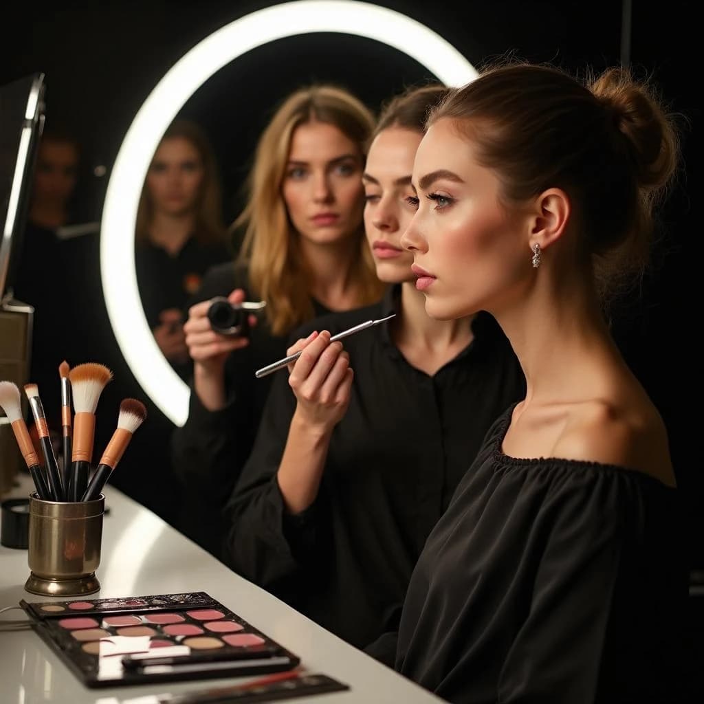 Fashion photograph at a backstage vanity lit by a ring light. A makeup artist in a black apron leans in from the right and blends cream blush into a seated model's cheekbone with her fingers, while a second artist standing behind them holds a lash tray in one hand and tweezers in the other, mid pick. On the counter between them: six brushes standing bristle up in a metal cup, three lipstick bullets lying in a row with their caps off beside them, and one open palette showing two used shades and four untouched. Warm skin tones, glossy highlights, shallow depth of field.