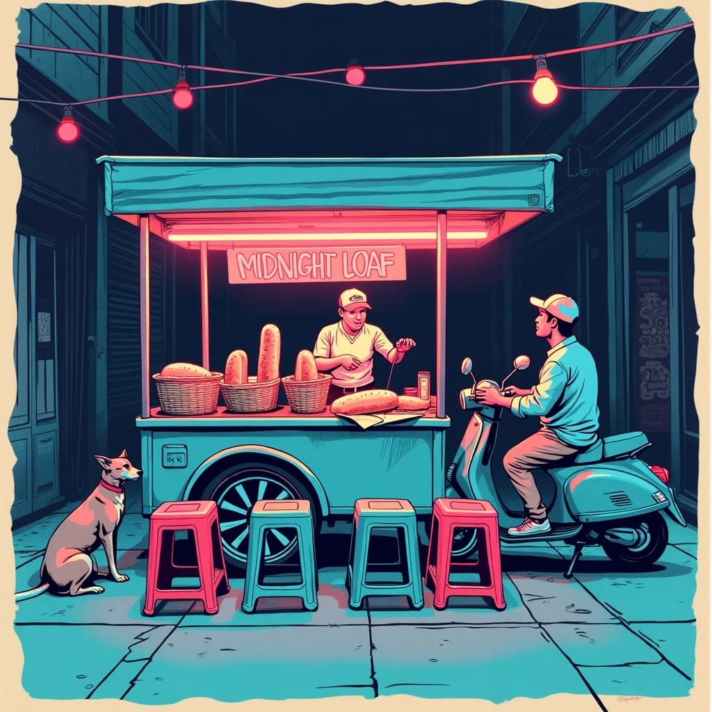 Two-color risograph print key art in fluorescent pink and teal with visible misregistration and paper grain, for a street food courier game. A night market alley: the banh mi cart at center with three baguettes standing upright in a basket and two more being sliced by the vendor, who hands one wrapped sandwich down to a courier straddling a scooter. Four plastic stools in front of the cart, three occupied and the one nearest the gutter tipped over. Two strings of bulbs cross overhead. A dog waits under the cart axle. The stall banner reads "Midnight Loaf".