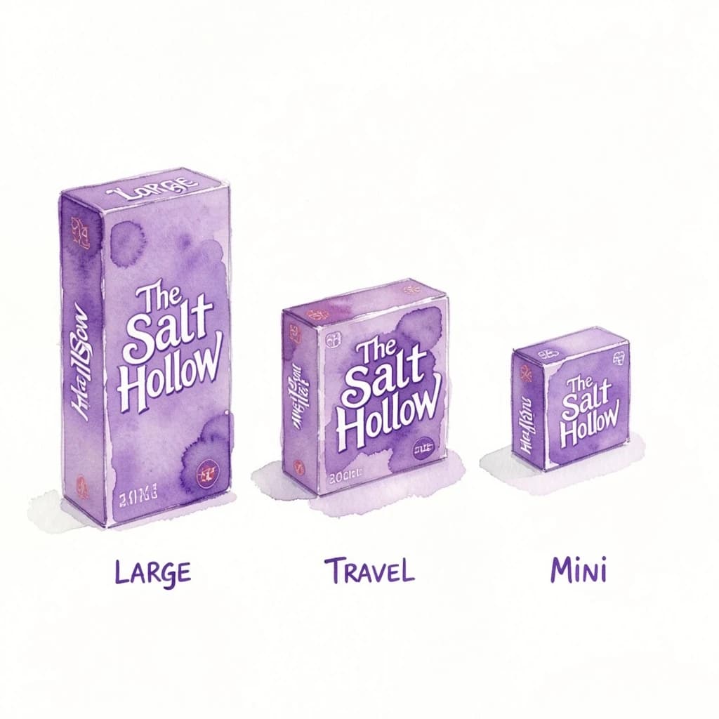 Watercolor of the same board-game box drawn in three editions, captioned "Large", "Travel" and "Mini", every edition carrying the wordmark "The Salt Hollow" in the same purple-and-white coloring, only the box size changing.