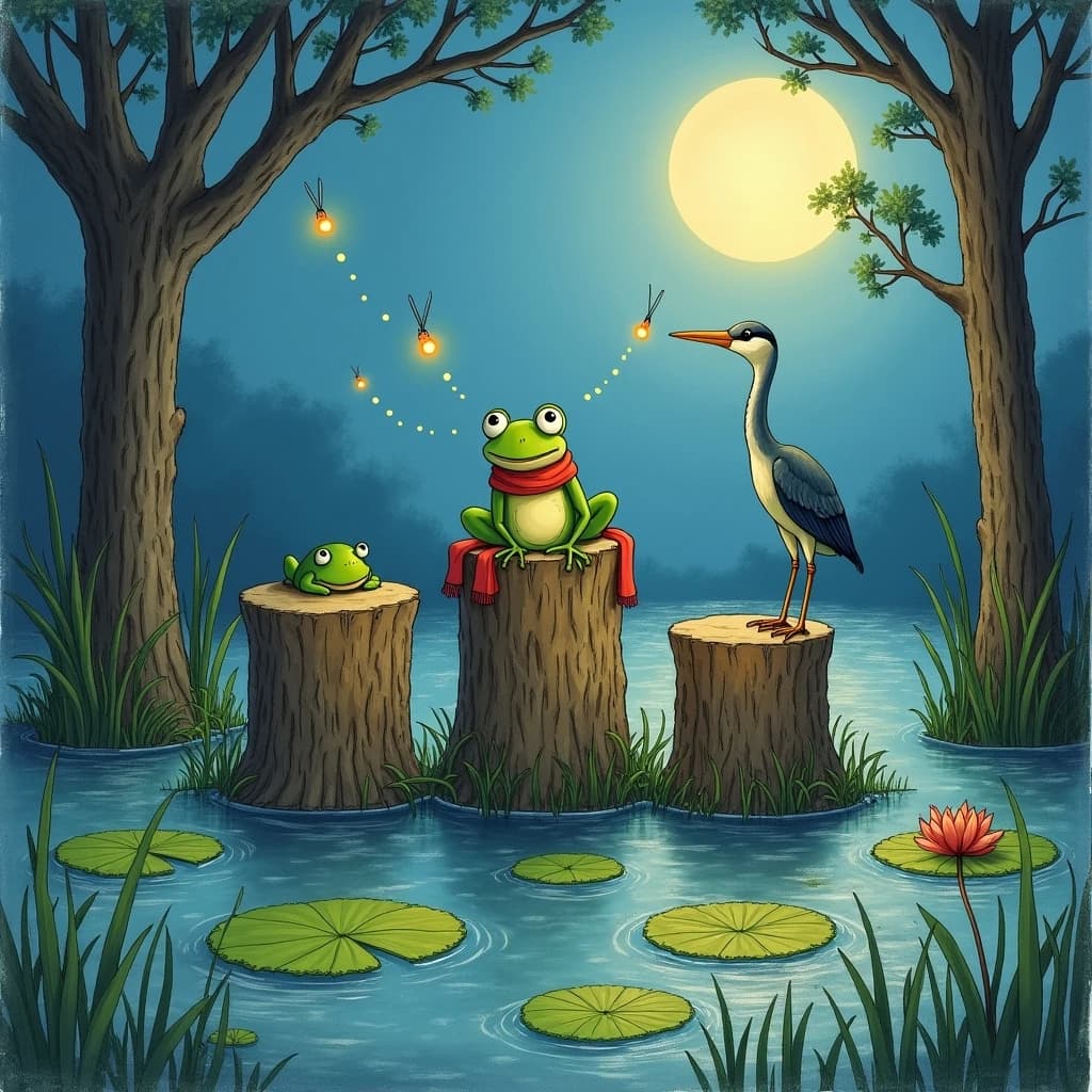 Story card in soft children's book illustration with crayon texture. A moonlit swamp with three cypress stumps in a row across the water. A small green frog in a red scarf sits on the middle stump. Two fireflies circle above his head while four more sit sleeping on the reeds to the left. A heron stands knee deep at the right edge, looking away from the frog. Nine lily pads float across the foreground, only one of them carrying a flower.