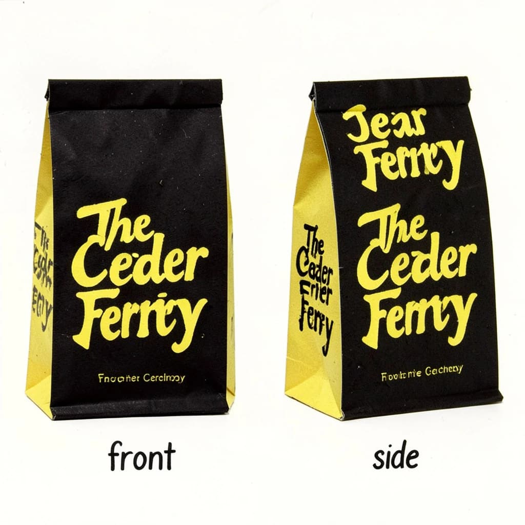 Cut-paper collage: one coffee bag in two views. The views are captioned "front" and "side" in that order. The wordmark "The Cedar Ferry" appears on every view. The black-and-yellow coloring is the same across every view, and only the angle changes.