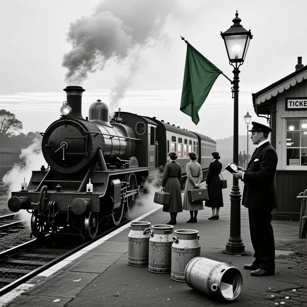 Black and white photography, historical reconstruction of a 1912 branch line halt at dawn. A steam locomotive stands at the platform with steam sheeting from between the driving wheels, three coaches behind it and only the middle coach with its windows lit. Eleven passengers wait on the platform: eight facing the engine, three facing away toward the ticket hut, and only the four women among them carrying luggage. The stationmaster stands under the lamp post with a rolled green flag and a pocket watch open in his palm. Milk churns line the platform edge, five in a row, the last one tipped on its side.