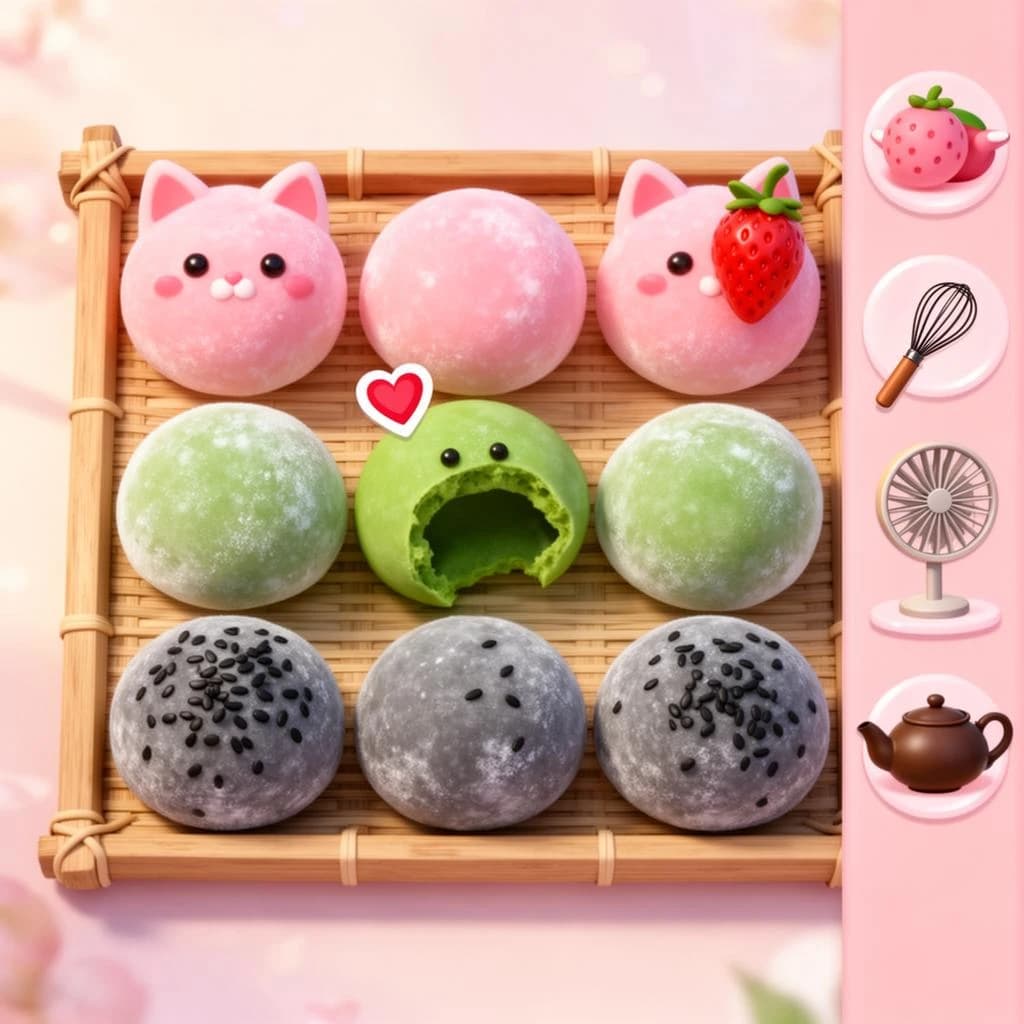 Match three board for a cozy sweets game, cute stylized 3D animation look. Nine mochi in a three by three grid on a bamboo tray: the top row strawberry pink, the middle row matcha green, the bottom row black sesame grey. The center green one has a bite taken out and a small heart icon floating above it. Two of the pink mochi wear tiny cat ears. To the right of the tray, a vertical strip of three power up icons, a whisk, a teapot and a fan. Soft pastel lighting, glossy dusted surfaces.