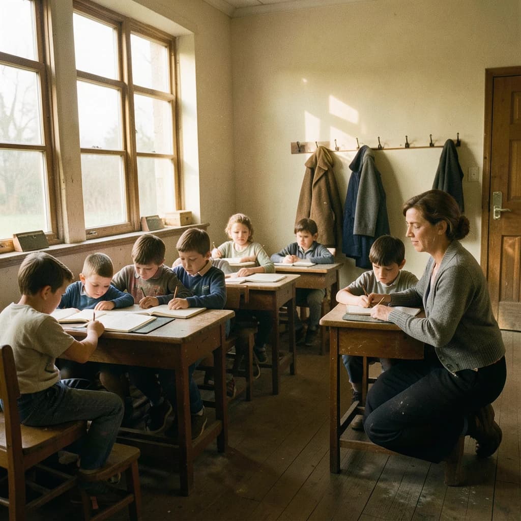 Documentary photograph inside a 1961 rural schoolhouse, late afternoon sun through tall windows. Twelve pupils at six shared wooden desks, two to a desk: the four in the window row copy from slates, the four in the middle row have open exercise books, the four along the back wall are turned around watching. The teacher, a woman in a grey cardigan with chalk dust on her sleeve, kneels beside the desk nearest the door, one hand steadying a boy's pencil. Four wall hooks behind her hold three coats, the middle hook bare. Warm dust in the light, fine grain, nobody posing.