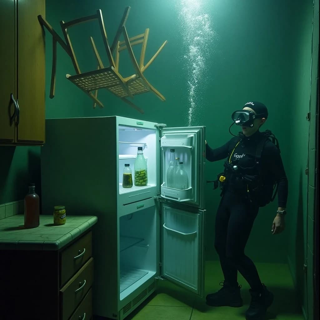 Underwater photograph inside a flooded apartment kitchen, silt green water, one window's worth of light from above. The refrigerator stands with its door swung open; three plastic bottles drift upward out of it, one still capped and two open and trailing bubbles, while a jar of pickles stays wedged on the middle shelf. A diver in a black wetsuit hovers to the right of the door, one hand on the top hinge, the other aiming a torch into the empty vegetable drawer. Two wooden chairs float against the ceiling above her, a third lies on its side on the tiles. Suspended particles, cold contrast, slow shutter softness.