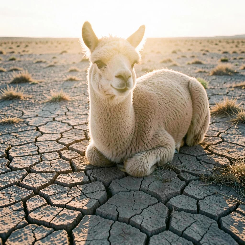 quiet alpaca on cracked earth, backlit