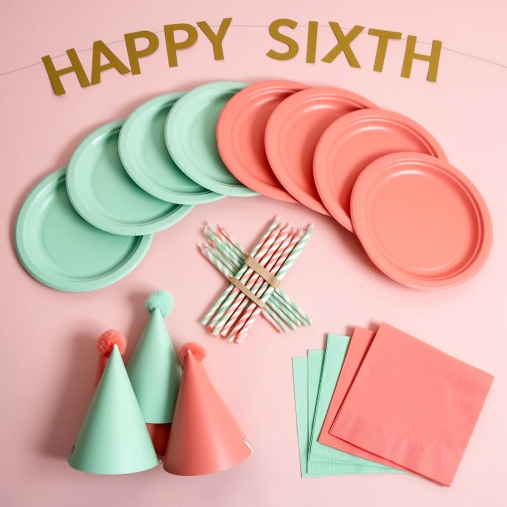 Flat lay photograph on pale pink paper, lit softly from above.
Eight paper plates fanned in an arc across the top of the frame, alternating mint and coral, four of each, mint first from the left.
Below the arc, twelve striped candles bundled under a paper band, laid diagonally.
Three cone party hats stacked at the lower left, only the middle hat trimmed with a pom pom.
At the lower right, six folded napkins in two piles of three, one pile mint and one coral.
A paper banner strung across the very top spells "HAPPY SIXTH" in gold letters, a few letters overlapping the plate arc.