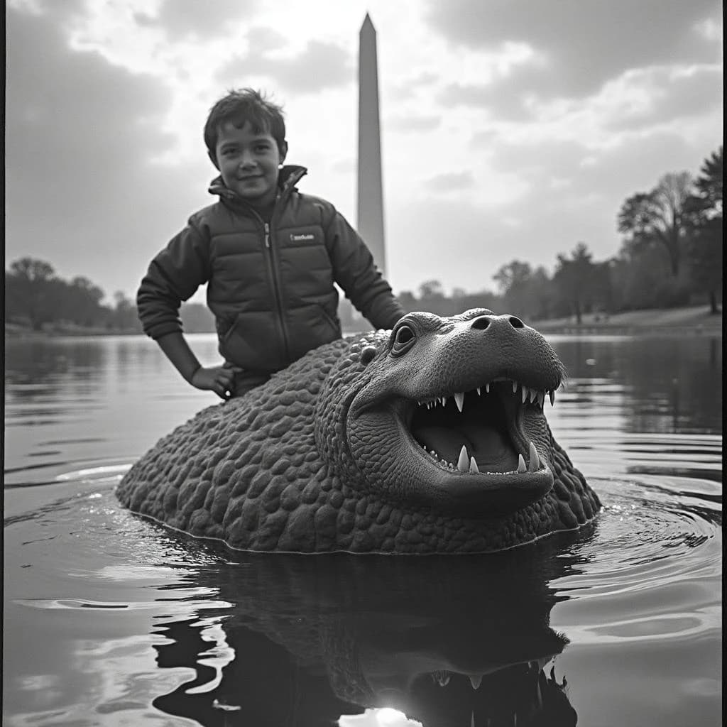Manatee and Thunderbird in Washington, D.C., United States in the style of black and white