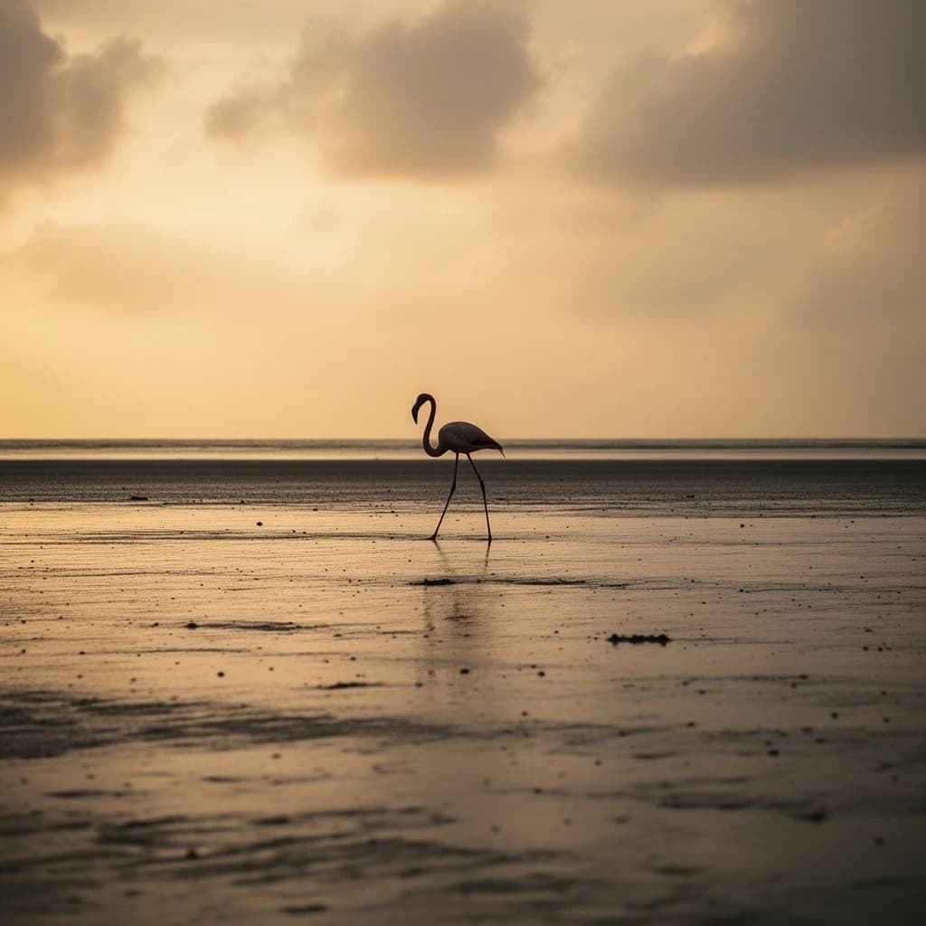 distant flamingo on wet sand, silhouette