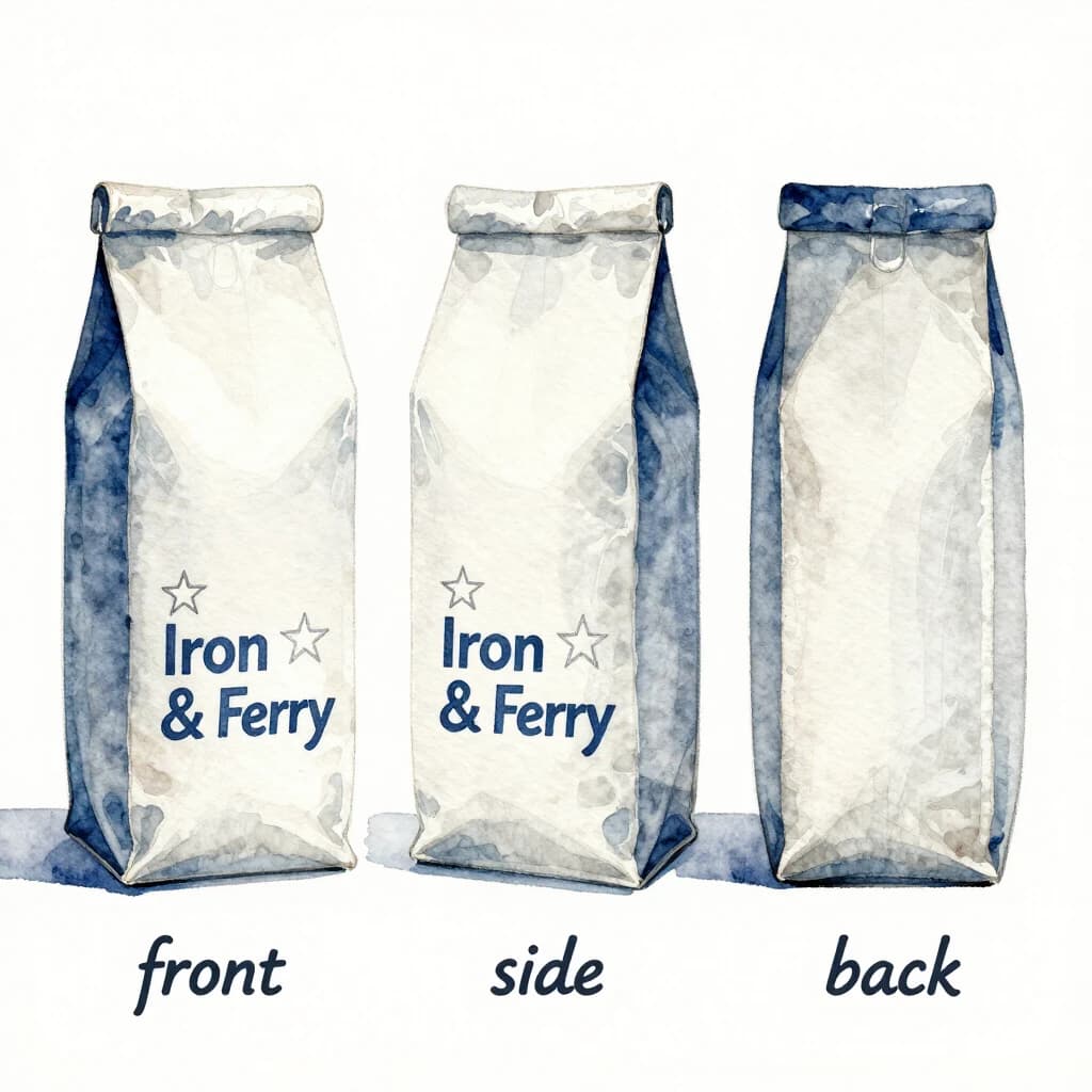 Watercolor of the same coffee bag drawn in three views, captioned "front", "side" and "back", every view carrying the wordmark "Iron & Ferry" with a five-point star outline beside it in the same blue-and-silver coloring, only the angle changing.