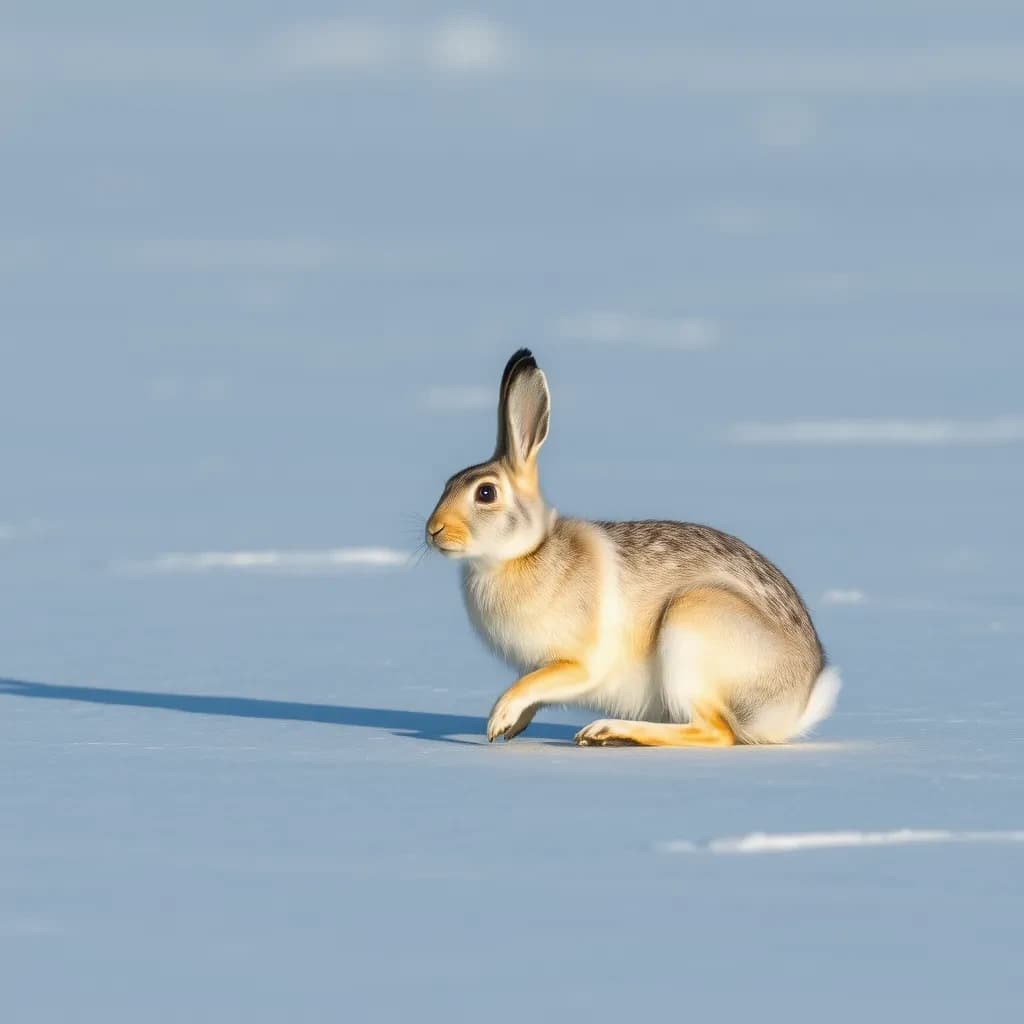 single arctic hare on smooth ice, noon