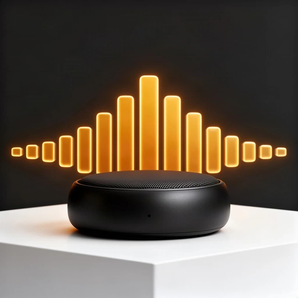 Cinematic 3D render of a matte black speaker puck on a white plinth, with a sound waveform behind it built from fourteen glowing amber bars in a gentle curve, the three tallest centred directly behind the puck and the bars shortening evenly toward both ends.