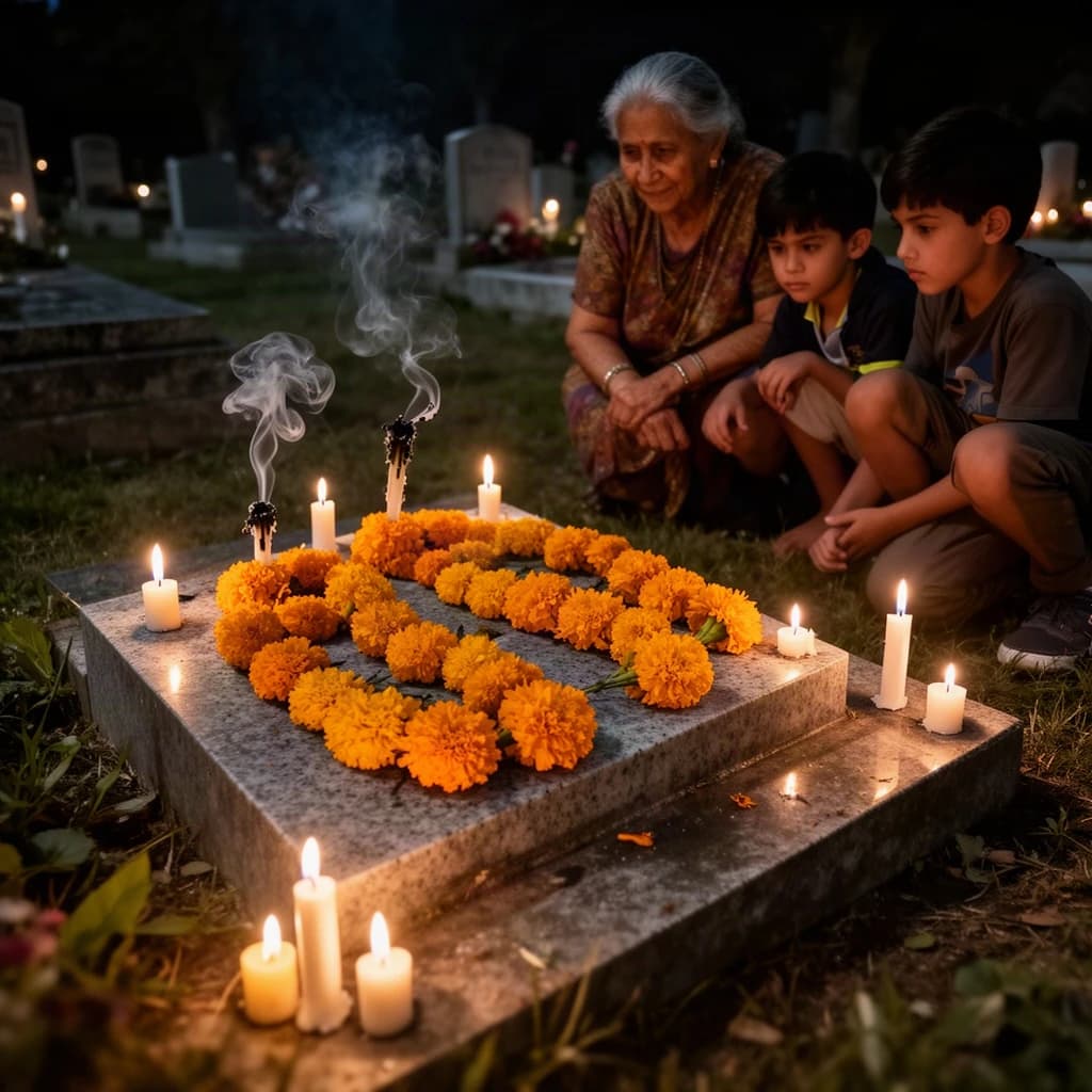 Photojournalism frame from a cemetery vigil at night: one grave slab carrying seven marigold garlands and nine lit candles, three of the candles guttered out and smoking, a grandmother and two children kneeling along the near edge.