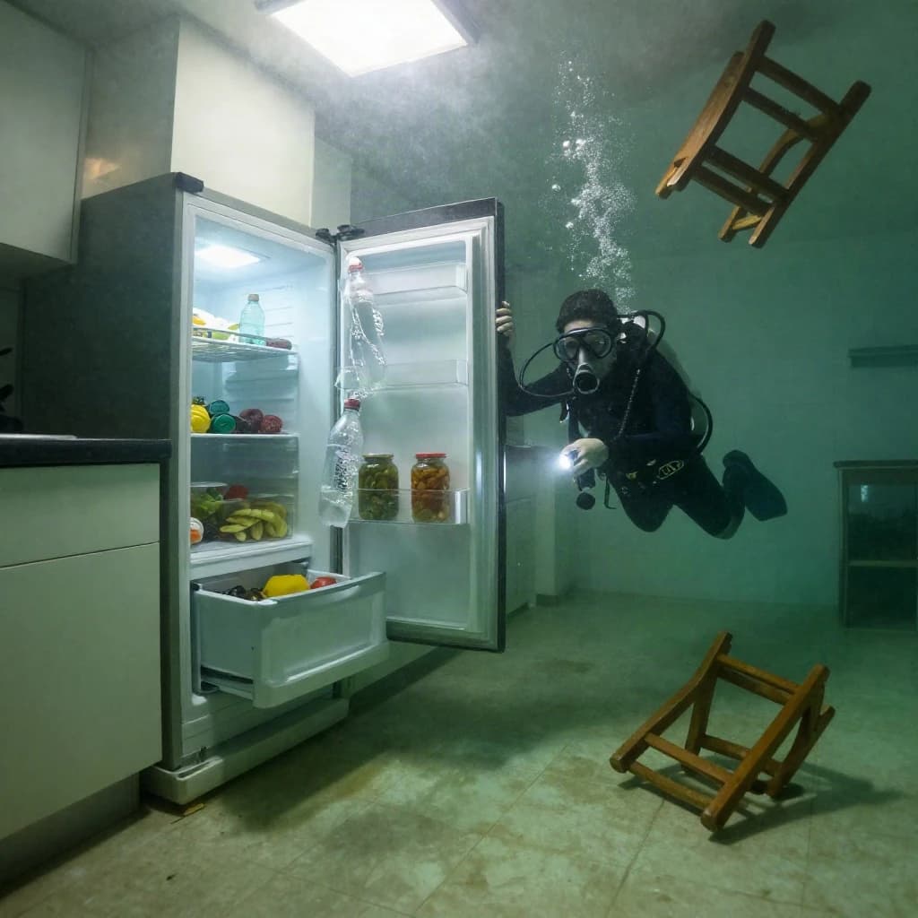 Underwater photograph inside a flooded apartment kitchen, silt green water, one window's worth of light from above. The refrigerator stands with its door swung open; three plastic bottles drift upward out of it, one still capped and two open and trailing bubbles, while a jar of pickles stays wedged on the middle shelf. A diver in a black wetsuit hovers to the right of the door, one hand on the top hinge, the other aiming a torch into the empty vegetable drawer. Two wooden chairs float against the ceiling above her, a third lies on its side on the tiles. Suspended particles, cold contrast, slow shutter softness.