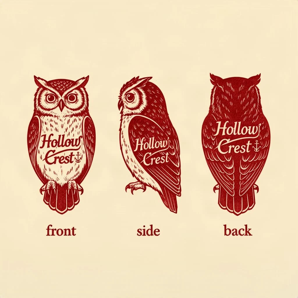 Linocut print: one bookstore owl mascot in three views. The views are captioned "front", "side" and "back" in that order. The wordmark "Hollow Crest" appears on every view with a small anchor mark beside it. The red-and-cream coloring is the same across every view, and only the angle changes.