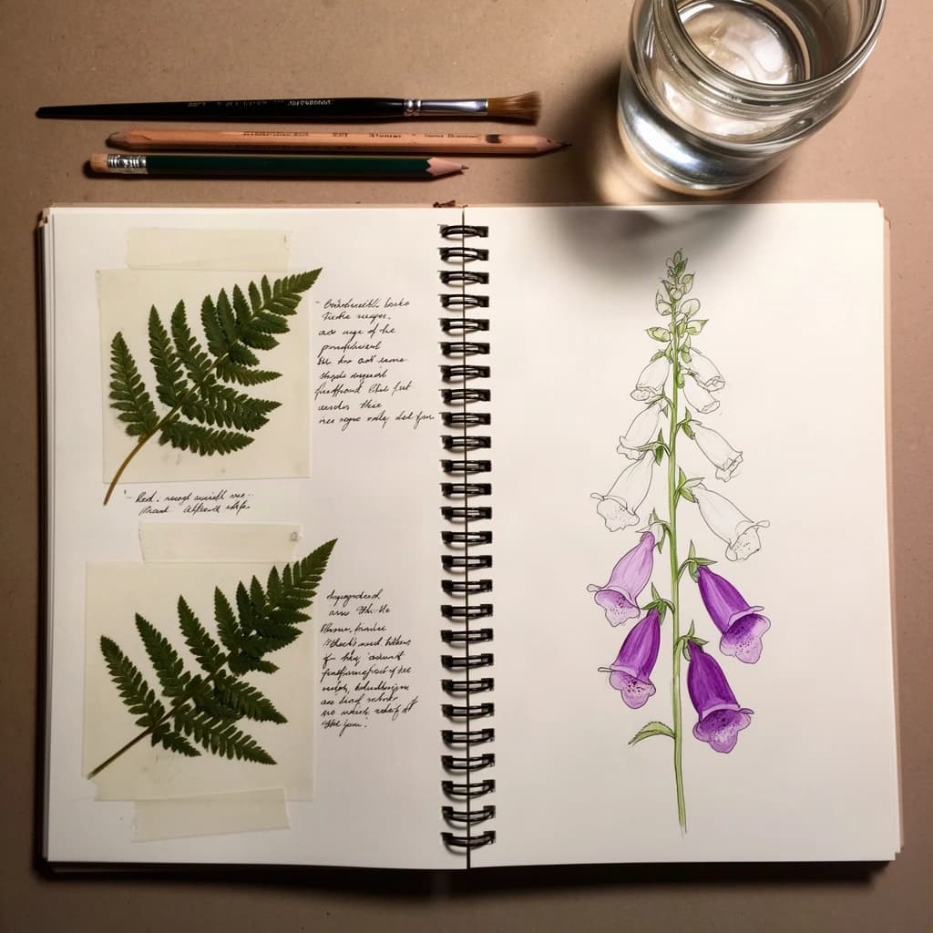 An open spiral notebook shot from directly above, its pages filled with careful botanical illustration in ink and watercolor. On the left page, three pressed fern fronds taped down with handwritten notes beside each one. On the right page, a half-finished study of a foxglove stalk carrying five bells, the bottom two painted purple and the top three still bare outlines. A brush, two pencils and a jar of water sit above the notebook, and the wire spiral throws a shadow into the gutter.