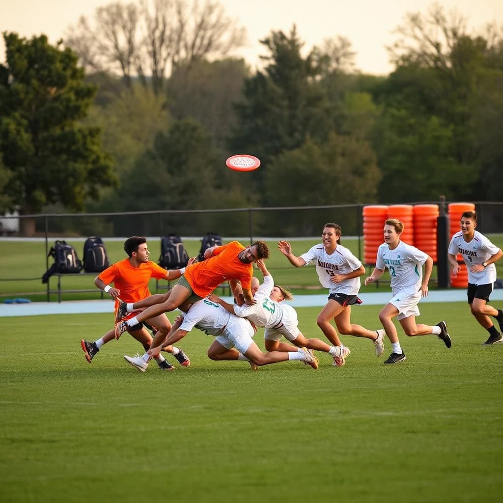 Sports photography, long lens, late afternoon on a college field. Seven players in frame: four in orange jerseys, three in white. The disc hangs just above the tallest orange player, who is fully horizontal in a layout dive; two of the white players crash into each other under it while the third white player runs the other way. Behind them on the sideline sit five backpacks in a line and a stack of four orange cones. Low golden sun, grass spray, shallow depth.
