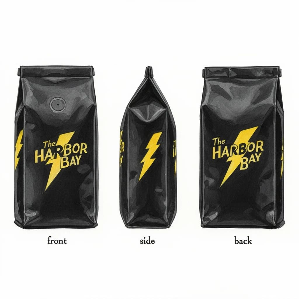 Gouache painting of the same coffee bag drawn in three views, captioned "front", "side" and "back", every view carrying the wordmark "The Harbor Bay" with a lightning-bolt symbol beside it in the same black-and-yellow coloring, only the angle changing.
