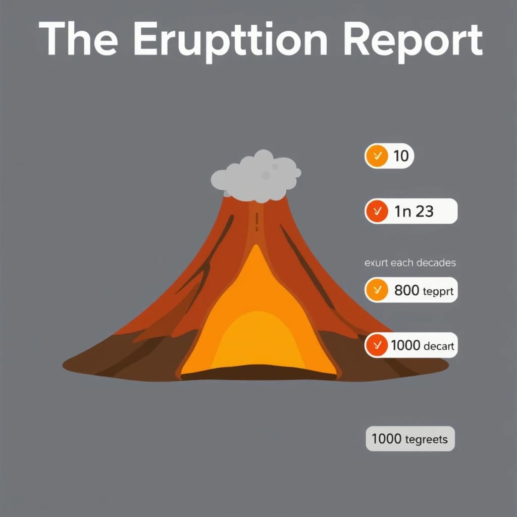 Flat vector illustration titled "The Eruption Report". A cutaway cone sits at the center, carrying three keyed regions, "Lava channel" shaded red, "Ash cloud" shaded gray and "Magma chamber" shaded orange. Three stat chips run down a right column, reading "810 tremors before the last eruption", "1 in 23 erupt each decade" and "1,000 degrees at the vent". Each key color matches the shading of the region it names.