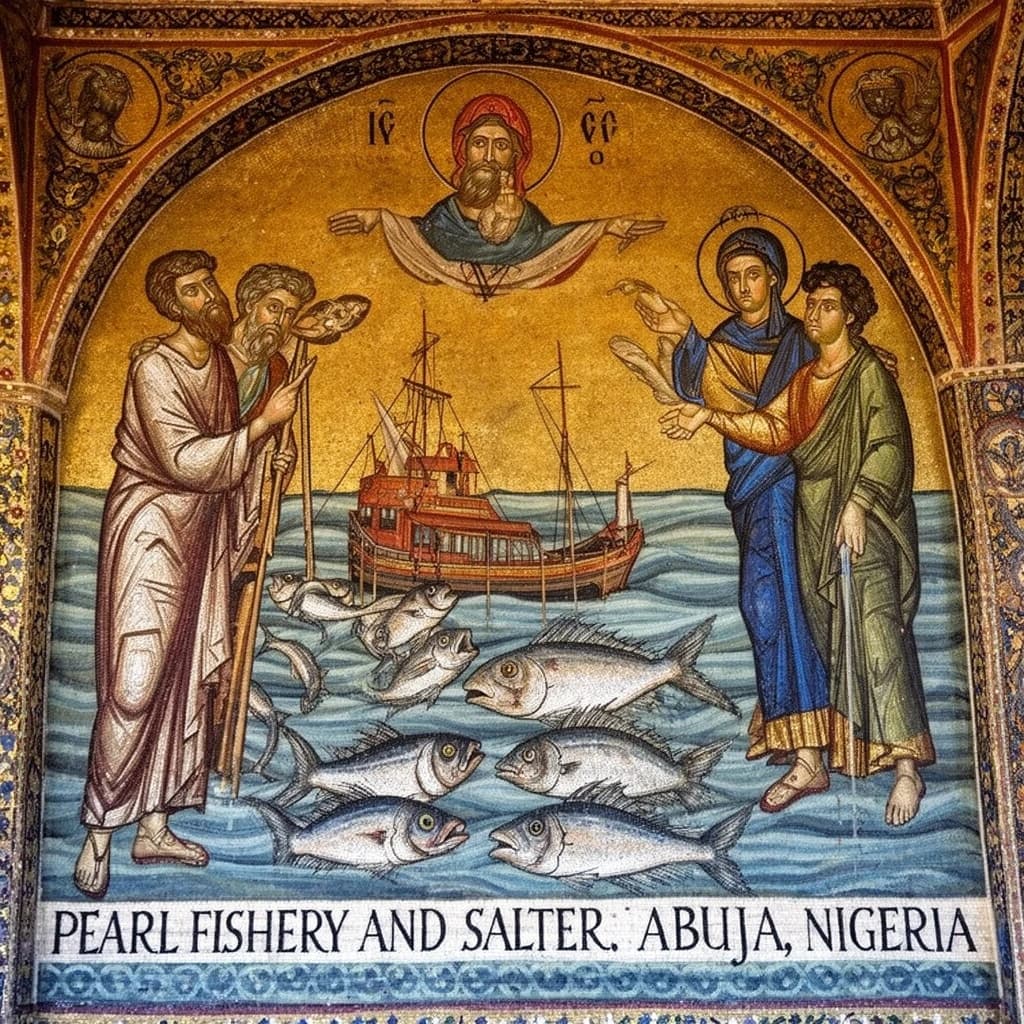 Pearl Fishery and Salter in Abuja, Nigeria in the style of byzantine