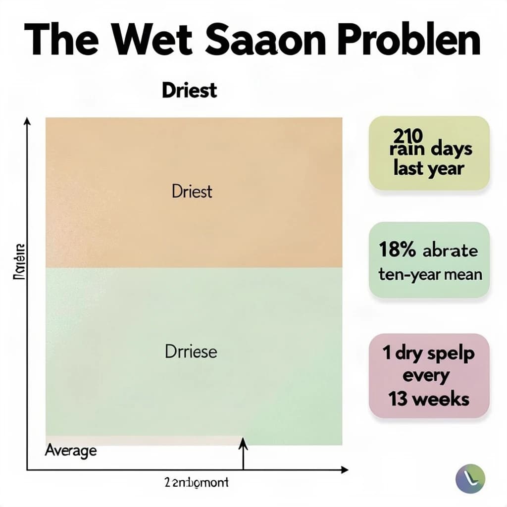 Printed poster titled "The Wet Season Problem". A twelve-month rainfall timeline sits at the center, carrying two keyed regions, "Driest" shaded sand and "Average" shaded pale green. Three stat chips run down a right column, reading "210 rain days last year", "18% above the ten-year mean" and "1 dry spell every 13 weeks". Each key color matches the shading of the region it names.