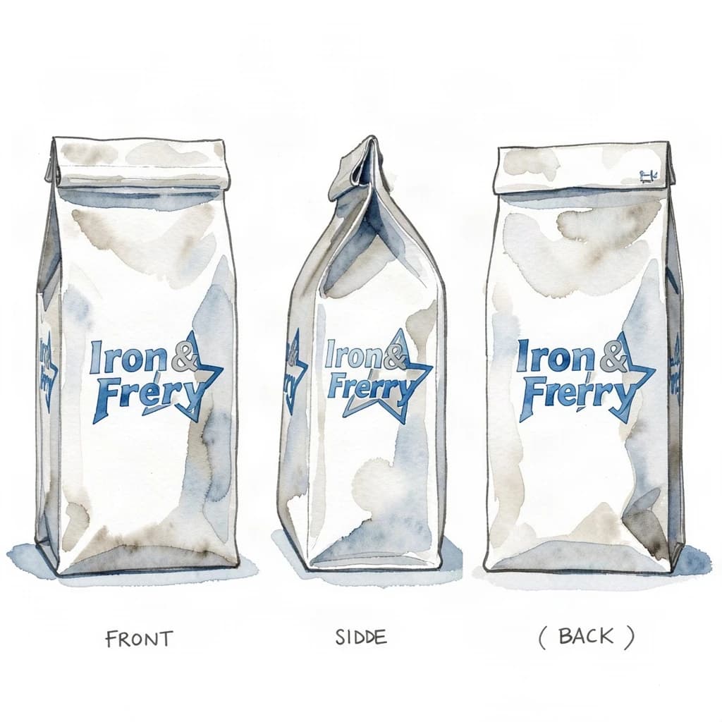Watercolor of the same coffee bag drawn in three views, captioned "front", "side" and "back", every view carrying the wordmark "Iron & Ferry" with a five-point star outline beside it in the same blue-and-silver coloring, only the angle changing.