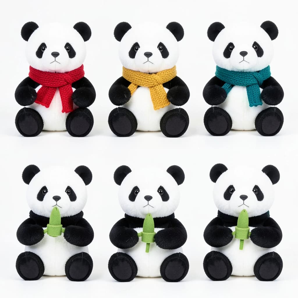 Studio product photography, plain white variant grid: six panda plushes in two rows of three, all seated facing camera. The top row wears knit scarves in red, mustard and teal. The bottom three wear no scarves, each holding a small felt bamboo shoot.