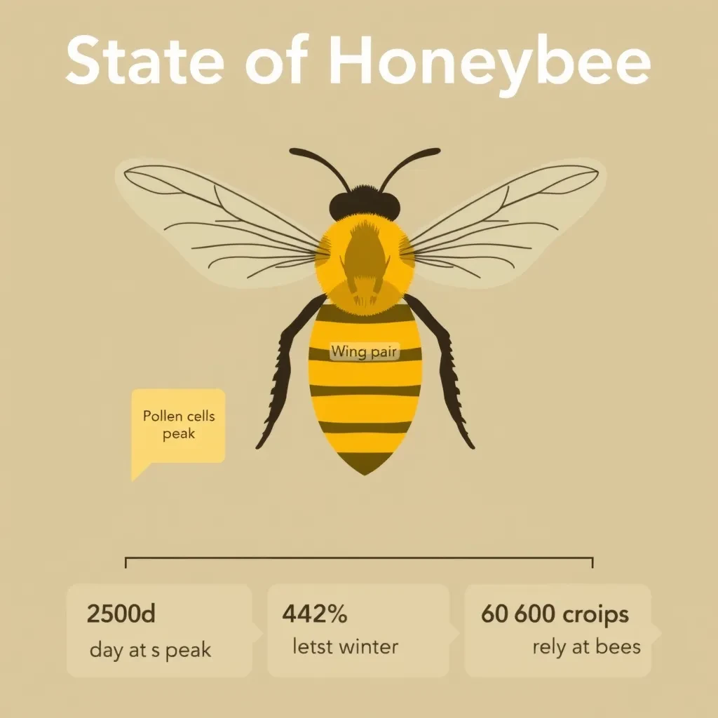 Flat vector illustration titled "State of Honeybee": at the center a labeled bee diagram, carrying three keyed regions, "Wing pair" shaded slate, "Brood cells" shaded olive and "Pollen basket" shaded amber, beside a bottom row of three stat chips reading "2,500 eggs a day at peak", "42% of hives lost last winter" and "60 crops rely on bees".