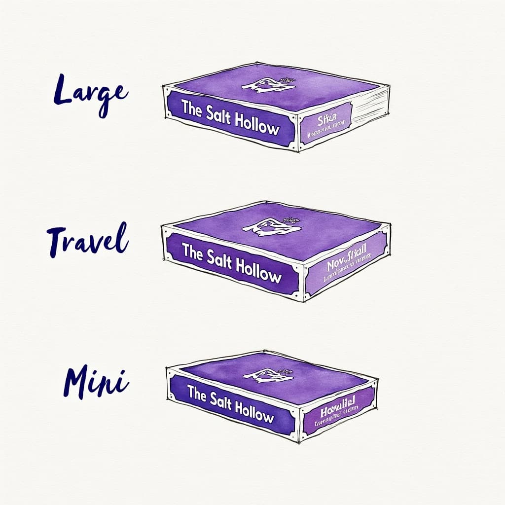 Watercolor of the same board-game box drawn in three editions, captioned "Large", "Travel" and "Mini", every edition carrying the wordmark "The Salt Hollow" in the same purple-and-white coloring, only the box size changing.