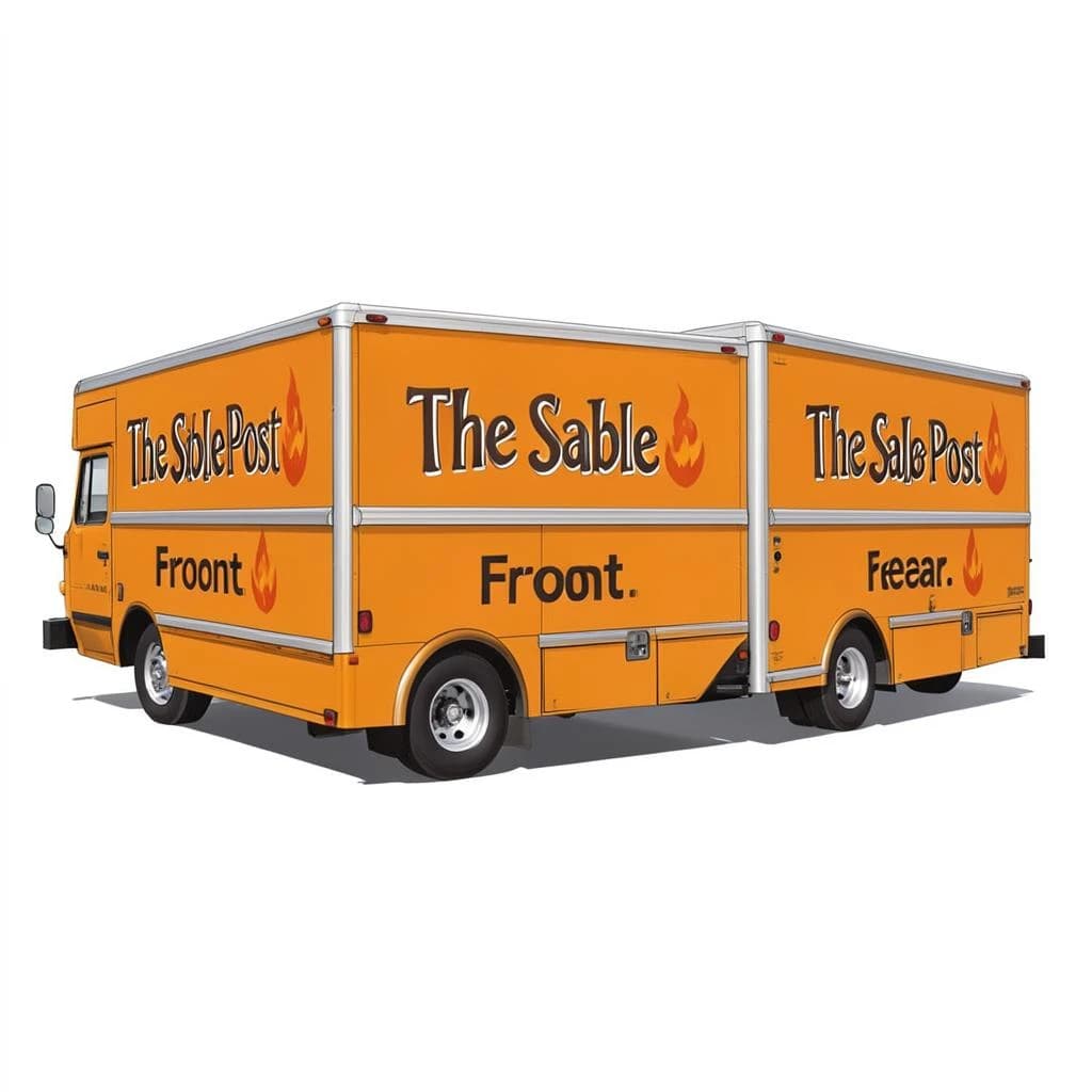 Printed poster: one food truck in three sides. The sides are captioned "left side", "front" and "rear" in that order. The wordmark "The Sable Post" appears on every side with a small flame icon beside it. The orange-and-brown coloring is the same across every side, and only the side changes.