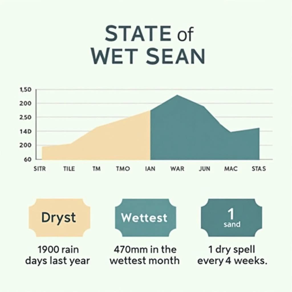Flat vector illustration titled "State of Wet Season": at the center a twelve-month rainfall timeline, carrying two keyed regions, "Driest" shaded sand and "Wettest" shaded dark blue, beside a bottom row of three stat chips reading "190 rain days last year", "470mm in the wettest month" and "1 dry spell every 4 weeks".
