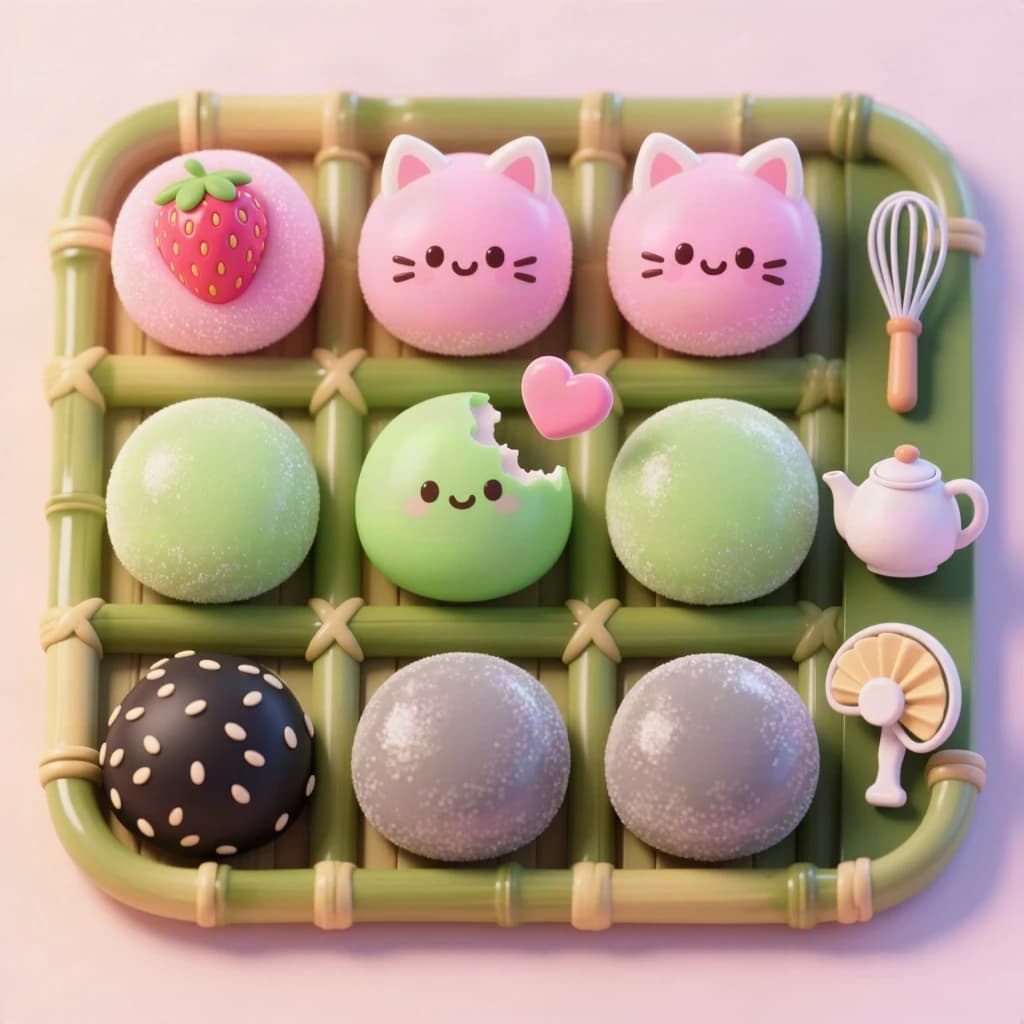 Match three board for a cozy sweets game, cute stylized 3D animation look. Nine mochi in a three by three grid on a bamboo tray: the top row strawberry pink, the middle row matcha green, the bottom row black sesame grey. The center green one has a bite taken out and a small heart icon floating above it. Two of the pink mochi wear tiny cat ears. To the right of the tray, a vertical strip of three power up icons, a whisk, a teapot and a fan. Soft pastel lighting, glossy dusted surfaces.