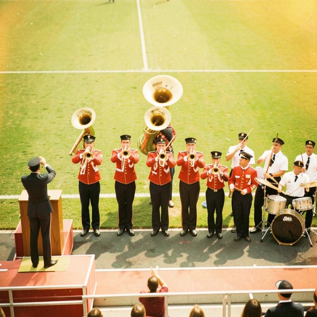 Nineteen seventies Kodachrome-era colour film look, faded warm grain and slight overexposure: a high school marching band seen from a stadium walkway. Front rank of five trumpet players in red and white uniforms, all with horns raised. Behind them three sousaphones in a triangle, the middle player caught mid turn. A line of four drummers to the right, the snare drummer nearest the camera mid stroke. A single drum major stands on a podium at the far left with his back to us, arms up. Empty green field behind them.