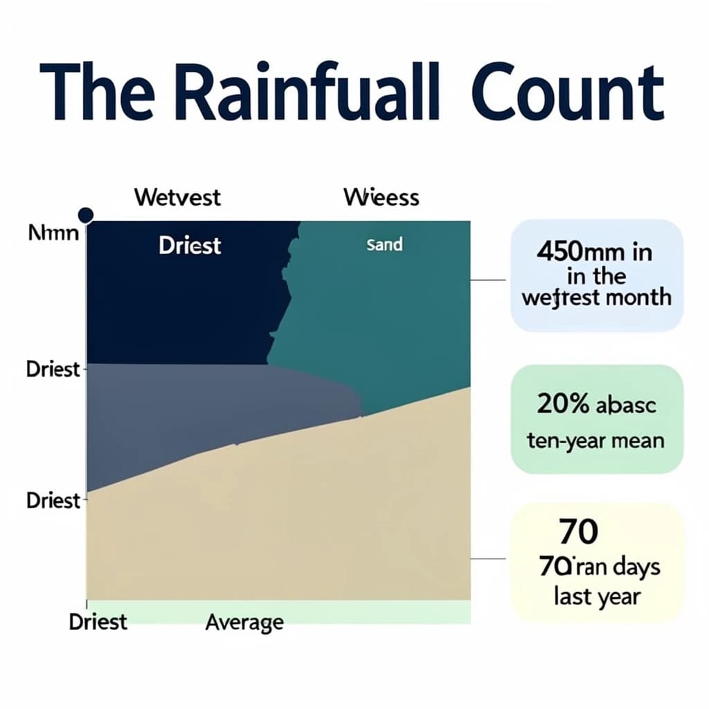 Printed poster titled "The Rainfall Count": at the center a twelve-month rainfall timeline, carrying three keyed regions, "Wettest" shaded dark blue, "Driest" shaded sand and "Average" shaded pale green, beside a right column of three stat chips reading "450mm in the wettest month", "20% above the ten-year mean" and "70 rain days last year".