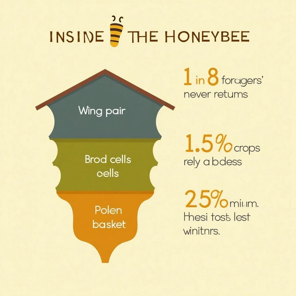 Flat vector illustration titled "Inside the Honeybee": at the center a cutaway of a hive frame, carrying three keyed regions, "Wing pair" shaded slate, "Brood cells" shaded olive and "Pollen basket" shaded amber, beside a right column of three stat chips reading "1 in 8 foragers never returns", "115 crops rely on bees" and "25% of hives lost last winter".