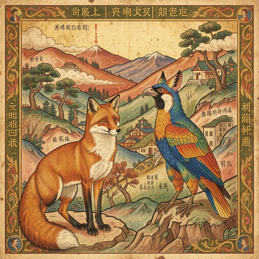 Fox and Turaco in Pyongyang, North Korea in the style of byzantine